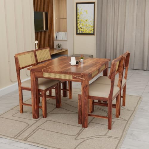 Image of Solid Sheesham Wood 4 Seater Dining Table Set for Home and Kitchen, Rattan Dining Table 4 Seater with Chairs Cane Furniture, Dining Set