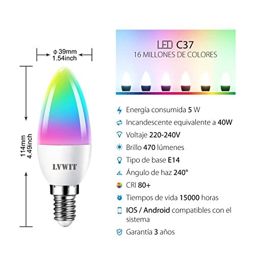 LVWIT Bombillas Inteligente E14, Compatible con Alexa, Google Home Assistant y Smart Life/Tuya App, Bombilla Wi-Fi Vela 5W 470 Lm, Lámpara Regulable LED C37 equivalente a 40W – 2 Unidades.