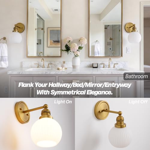 Image of Vintage Gold wall sconces Milk Glass Bathroom Vanity Light | Modern Vintage /Mid-Century aesthetic,hand-blown frosted glass,hardwired,DIY-friendly,UL Listed for safety,damp-rated for bath