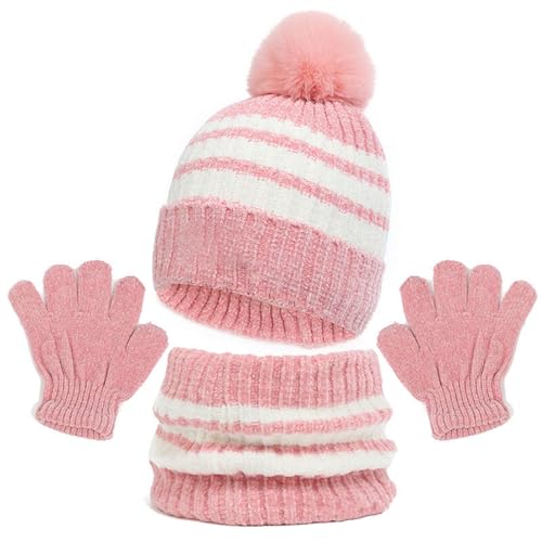 Kids Winter Beanie Hat Scarf Gloves Set Knit Thick Warm Fleece Lined Thermal Sets for Boys Girls 2-10 Years