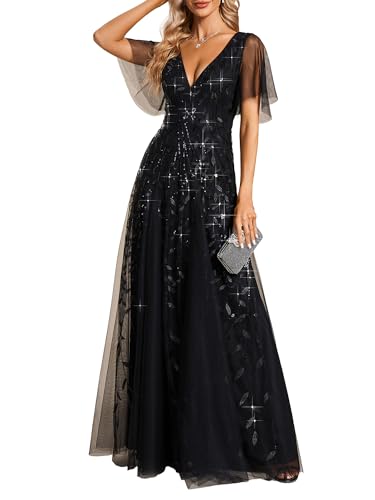Ever-Pretty Damen A-Linie Abendkleider V-Ausschnitt Romantisches Kurze Ärmel Elegant Partykleid Lang Schwarz 44