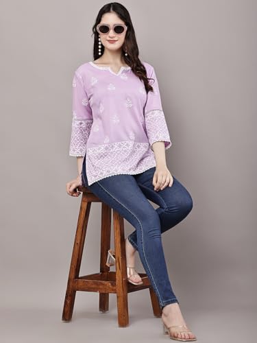 Image of Women's Pink Printed Short Kurti with Lace Trim, 3 /4 Sleeves, Ethnic Indian Style Top