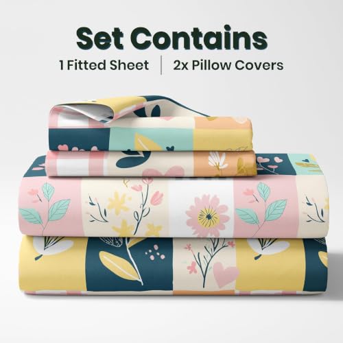 Image of LORETO - A QUALITY LINEN BRAND 186 TC 100% Pure Cotton King Size Fitted Bedsheet with 2 Pillow Covers for 78 x 72 Inch Mattress, All-Around Elastic, 8 Inch Deep Pocket, Pastel Garden