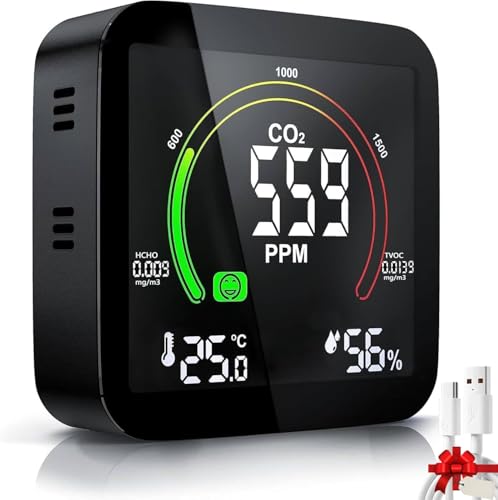 focombance Medidor CO2 Detector CO2 Gas, 5 en 1 Detector de CO2 con Pantalla LED Medidor de Humedad y Temperatura TVOC HCHO Dormitorio Oficina Coche Multi