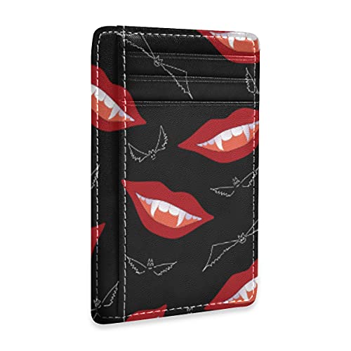 susiyo Halloween Smiling Vampire Lips Slim Minimalist Wallets Rfid Blocking Card Wallets PU Leather Front Pocket Wallets for Men and Women