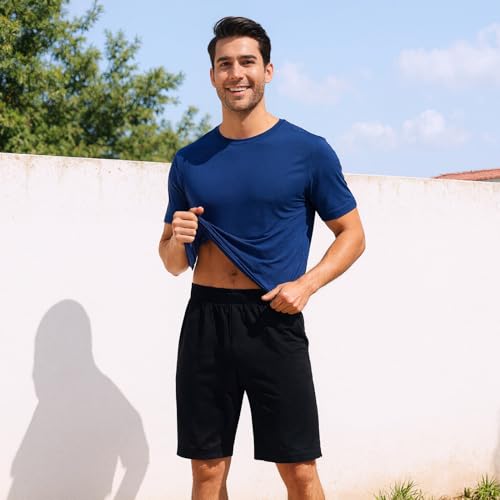 Mens Short Pajamas Set with Pockets,Deep Blue,Small