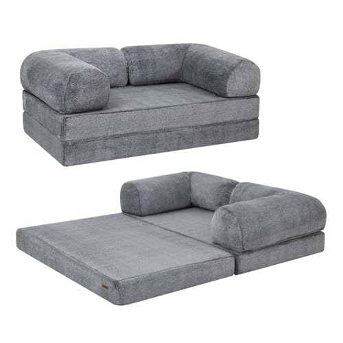 COMAX 4-in-1 Futon Sofa Bed, Queen Size Foldable Couch with L-Shaped Armrests, Convertible Sleeper Chair Bed, Comfortable Lounge Mattress for Living Room and Bedroom, Snow Grey