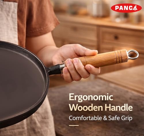 Image of PANCA Cast Iron Tawa 24cm Pre-Seasoned - Non Stick Iron Tawa for Roti, Dosa, Chapati | Induction & Gas Compatible Flat with Wooden Handle | Heavy Duty Cast Iron Cookware (Flat Tawa)