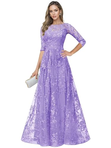 Lavender Lace Long Mother of The Bride Dresses for Wedding Guest 3/4 Sleeve Tulle Foraml Evening Party Gowns HX010 10