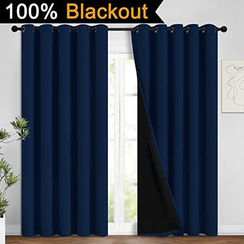 Image of Yakamok Navy Blue 100% Blackout Curtains 96 Inches Long 62 inch Wide, 2 Panels | Blackout Curtain Panels for Bedroom, 2 Thick Layers Grommet Top Thermal Insulated Drapes with Black Liner for Living Room
