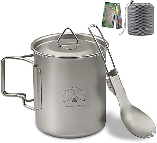 Adhafera Tytanowy kubek kempingowy, tytanowy kubek kempingowy z pokrywką, 99,8% tytanowy garnek z łyżką i przenośną torbą (kubek 450 ml / garnek 750 ml / kubek 450 ml i garnek 750 ml)