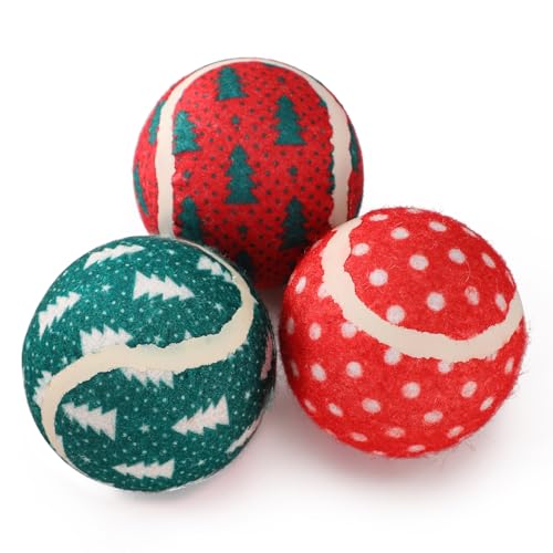 LUCKITTY 3 Packs Christmas Dog Tennis Balls Interactive Toy Puppy for Small Medium Dogs Training Playing- 2.5 Inch (Spot)