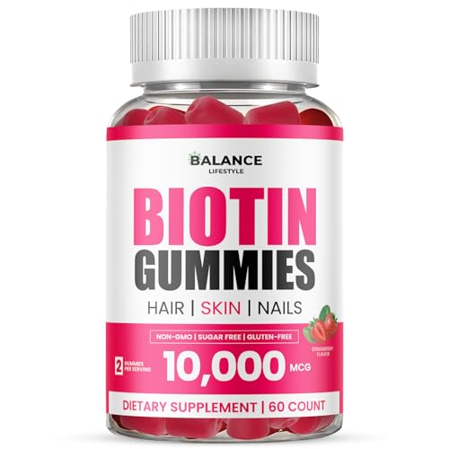 Biotin Gummies 10 000mcg 60 Vegan Gummies with 7 Essential Vitamins for Hair Skin & Nails Support Strawberry Flavour Biotin Supplement Non-GMO Gluten-Free (Strawberry)