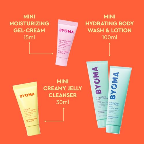BYOMA Stellar Skin & Bodycare 4-Piece Kit – 15ml Moisturising Gel-Cream, 15ml Creamy Jelly Cleanser, 100ml Hydrating Body Wash & Lotion | Suitable for All Skin Types