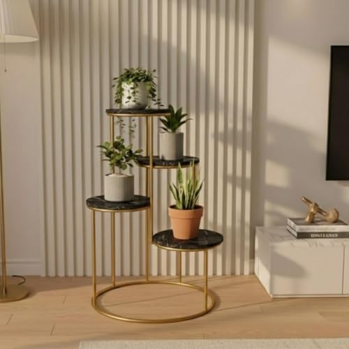 Image of Modern 4-Tier Plant Stand Indoor Metal & Wood | 60 cm Tall Multi-Level Flower Pot Stand | Heavy Duty Corner Plant Rack for Living Room, Balcony, Garden | Decorative Plant Holder for Indoor Use (Black Gold)
