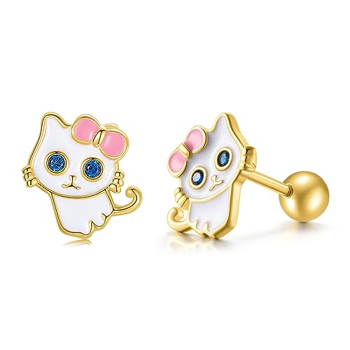 Cat Stud Earrings 925 Sterling Silver,Gold/Silver Screw Back Kitty Earrings,Hypoallergenic Cute Jewelry Gift