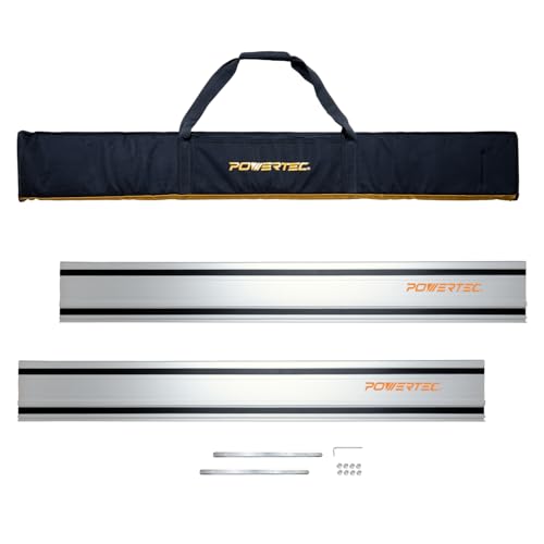 Image of POWERTEC 110 inch Track Saw Guide Rail Connector Set w /Protective Bag for Milwaukee Track Saw | Includes 2x55 inch Aluminum Extruded Guide Rails and (2) Guide Rail Connectors for Woodworking Projects