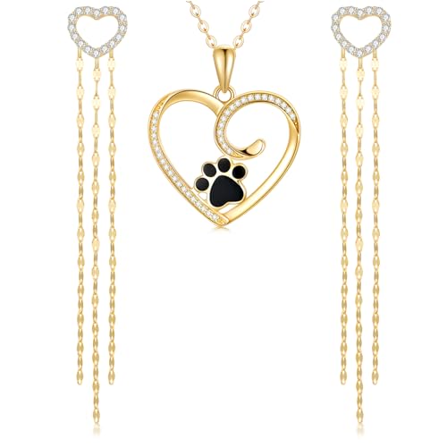 14k Gold Paw Print Heart Necklace and Created Moissanite Love Tassel Earrings Set for Women