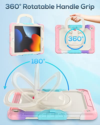 Seymac Kids Case For Ipad 9Th/ 8Th/ 7Th Generation With Screen Protector, Sturdy Full-Body Shockproof Protective Case With Rotating Stand/Handle Grip, Shoulder Strap For Ipad 10.2 Case, Colorful/Pink #TOP2