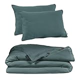 FABRICATION : Inde. Meubletmoi Parure de Lit 2 Taies d\'oreillers 50x70 cm et Housse de Couette 240x260 cm en Double Gaze de Coton Bleu Canard avec Boutons en Bois - Pepa 2