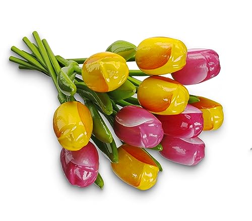 MomoMoments Ramo de Tulipanes de Madera Rosa Amarillo Mezcla 11 Tulipanes 34cm Pintado a Mano Decoración de Regalo de Cumpleaños