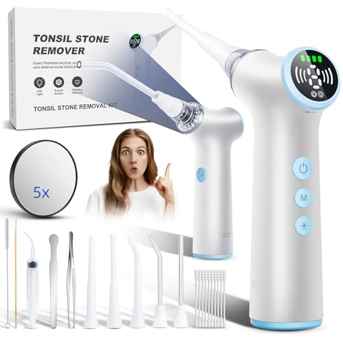 Electric Tonsil Stone Remover Vacuum 8 Suction Levels with LED Light Safety Pause Button & Oral Protection | High-Precision Tonsil Stone Removal Kit with 11 Attachments - White