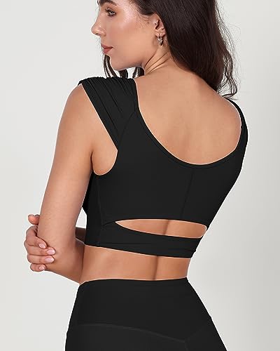 ODODOS Ruched Front Crop Tank for Women V-Neck Cut Out Back Cap Sleeve Cropped Tops2