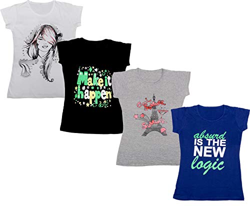 Image of indi weaves Girls Pure Cotton Chest Printed Half Sleeves Round Neck T-Shirts (Pack of 4)