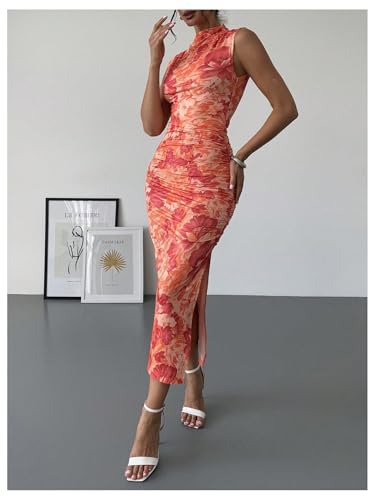 Image of BEAUDRM Women's Floral Print Midi Bodycon Dresses Split Thigh Ruched Mock Neck Fitted Tank Dress