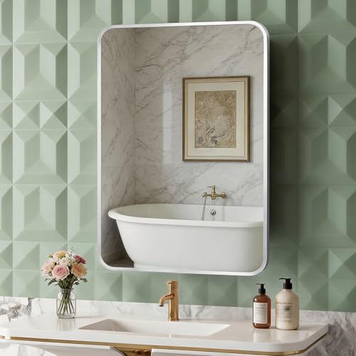 Image of ACEMIRO 20x28 Inch Recessed Medicine Cabinet with Mirror Metal Framed Surface Wall Mounted Bathroom Mirror Medicine Cabinet with Storage Brushed Silver