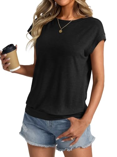Womens Crewneck Cap Sleeve T Shirts Banded Bottom Top Loose Fit Short Sleeves Tee Casual Summer Basic Tops 20254