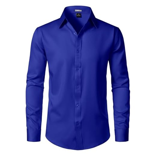 ZEROYAA Camisa social masculina de manga comprida sem rugas para negócios casual slim fit camisas de botão para casamento e escritório, Azul royal, GG