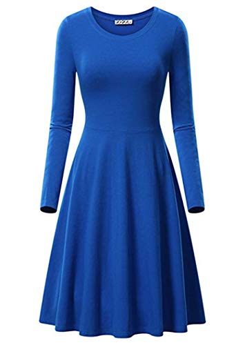 JIER Damen Langarm Rundhalsausschnitt Midikleid Langarm Skaterkleider Knielänge Rundhals Stretch Basic Kleider A-line Cotton Midi Dress Midikleid...