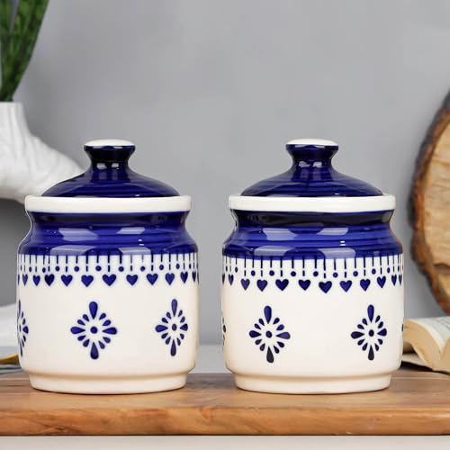 Image of The Earth Store Blue Drape Ceramic Jars for Kitchen Storage 600ML Each | Pickle Jar Set of 2 | Barni Jar with Lid | Ceramic Storage Containers Jar for Achar, Cookies, Chatney, Sugar