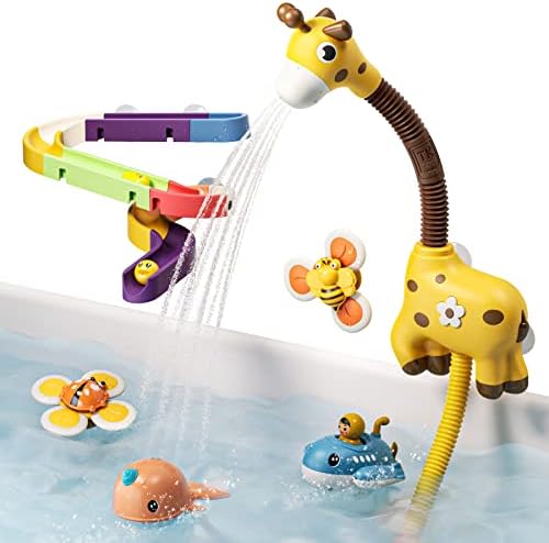 TUMAMA Baby Bath Toy,Bathtub Toys with Giraffe Shower Head,Suction Spinner Toys,Wind-Up Toys,Splicing Slides,Spray Squirt Shower Faucet and Water Pump Summer Essentials for Kids Toddlers Infants
