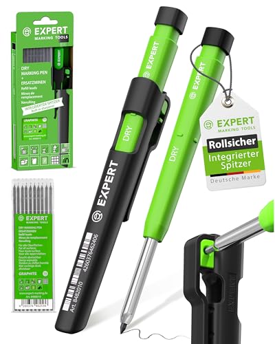 EXPERT DRY Zimmermannsbleistift inkl. 11 Minen | Mit integriertem Spitzer | Nachfüllbarer Tieflochmarker mit Graphit-Minen-Set | Handwerker Bleistift für Holz, Glas oder Metall | Bleistift Baustelle