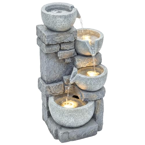 Outsunny Fontaine de Jardin Cascade 4 Niveaux - Décoration Effet Pierre et Brique avec Éclairage LED - Pompe à Eau Réglable pour Terrasse, Balcon et Salon (54,5 cm),...