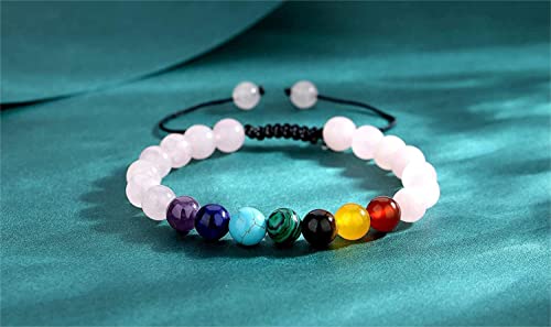 Fuqimanman2020 7 Chakra Rose Quartz Bracelet For Women-Healing Crystal Stone Beaded Bracelet,Natural Gemstone Matching Bracelet Bangle,Reiki Yoga Meditation Anxiety, Adjustable Braided Bracelets #TOP3