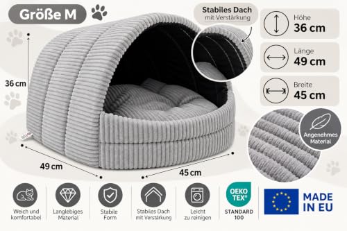 ODOLPLUSZ Hundehütte Hundehöhle Exklusives Haus Hund oder Katze | 2 Größen Komfortabel und Waschbar (Grau aus Cord, M)