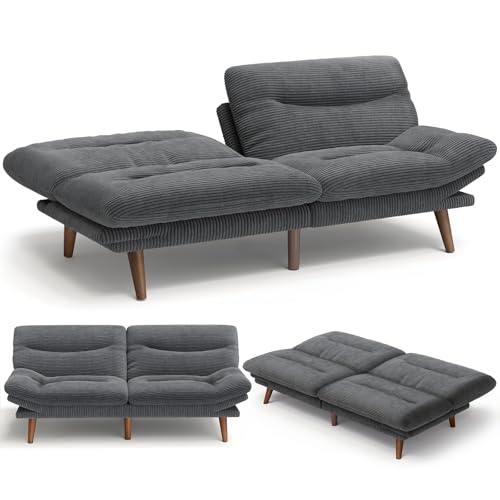 Image of Amada 75 inch Convertible Futon Sofa Bed, Corduroy Folding Futon Set with Adjustable Backrest &Armrests, Recliner Lounge for Living Room, Apartment or Office, Solid Wood Frame, Loveseat Sofa -Dark Grey