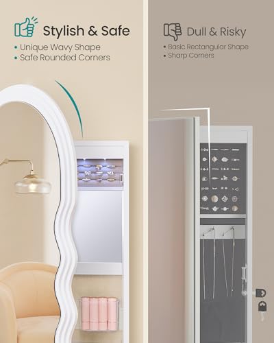 Image of SONGMICS Mirror Jewelry Cabinet Wall Mounted Over the Door, Hanging LED Jewelry Organizer, Lockable Wavy Wide Mirror with Storage, Interior Lights, 3.9 x 16.5 x 42.5 Inches, White UJJC031W01