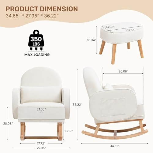 Image of HCHAIRH Rocking Chair with Ottoman, Upholstered Glider Rocker with High Backrest and Side Pocket, Comfy Chenille Reading Chair with Solid Wood Legs for Nursery, Living Room,Bedroom Beige