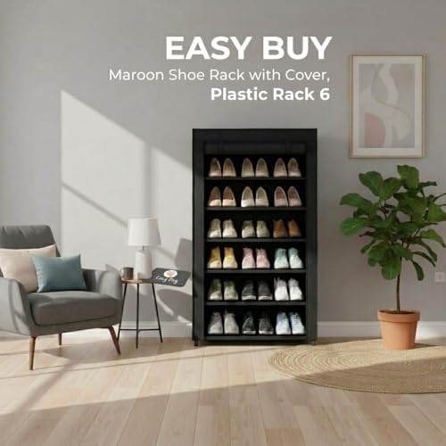 Image of EASY BUY Black Shoe Rack with Cover, Plastic Rack 6 Shelves with Zip Door Cover & Side Pocket | Dustproof Multiuse Storage Organizer for Footwear, Clothes, Toy, Shoe Rack Plastic, Slipper Stand