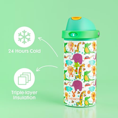 Image of 18 oz Kids Water Bottle for School: Meoky 18 oz Stainless Steel Insulated Water Bottle with 2-in-1 Straw and Spout Lid - Leak Proof, Fits in Car Cup Holder, BPA-Free for Teens Boys Girls, Wild Animals