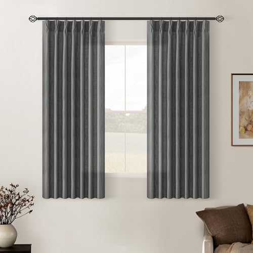Image of Charcoal Grey Pinch Pleated Linen Cafe Curtains 45 Inch Length 2 Panels for Dining Room Kitchen Bedroom Semi Sheer Pleat Drapes with Hooks Rings Light Filtering Short Window Curtain Cabinet 40x45