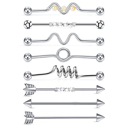 JFORYOU 8 Piezas 14G Piercing Industrial Barra con 8 Estilo para Mujeres Acero Inoxidable Hombres Industrial Pendiente de cartílago Joyería Piercing del Cuerpo