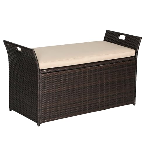 90 Gallon Patio Storage Bench, Outdoor Wicker Deck Box with Cushion, PE Rattan Box with Handles (Brown)