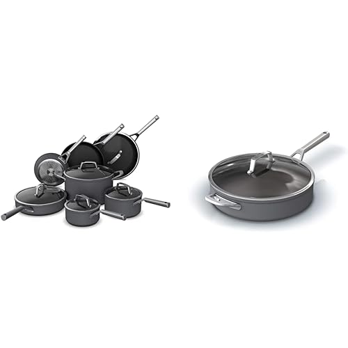 Ninja Foodi NeverStick Premium Hard-Anodized 12-Piece Cookware Set, slate grey, C39800 & Foodi NeverStick Premium Hard-Anodized 5-Quart Sauté Pan with Glass Lid, C30150
