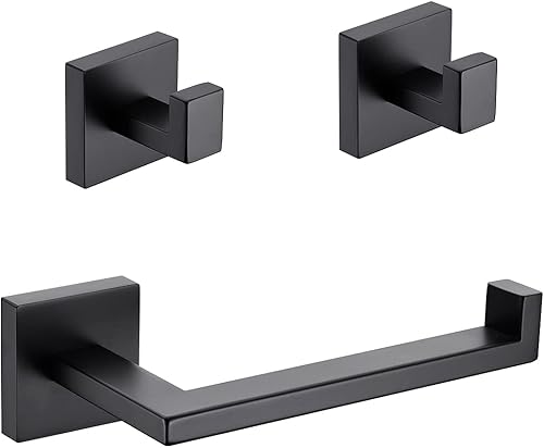 Miyili Juego de accesorios de baño de 3 piezas negro mate (soporte para papel higiénico, 2 ganchos para toallas) montaje en pared de acero