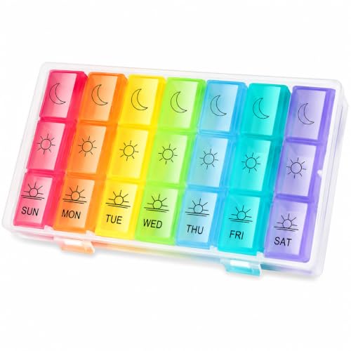 Image of Zollyss Weekly Pill Organizer 3 Times a Day, 7 Day Pill Box with 21 Compartments, BPA Free Medicine Organizer Box, Portable Travel Tablet Case for Vitamins, Supplements & Medication, Multicolor